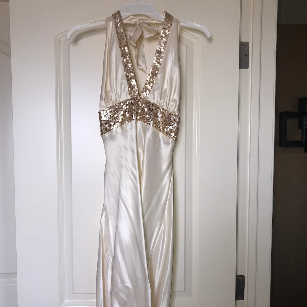 Ivory and Gold Satin Halter Dress